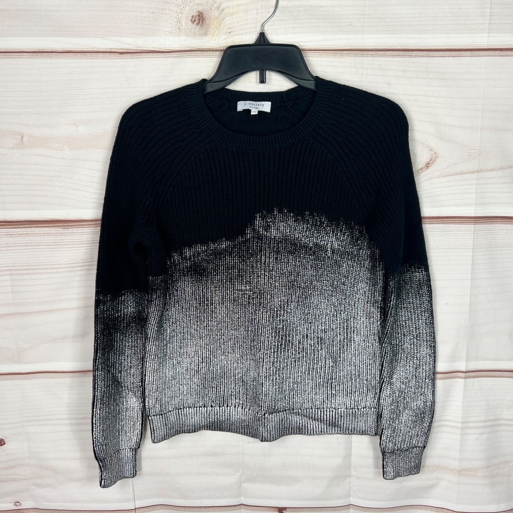 J Society Sweater Womens XS Black Silver Coated Cotton Pullover Crew Neck Solid